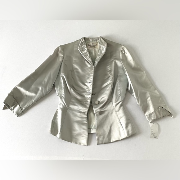 Vintage Silk Beaded Button Long Sleeve Blazer Esther Pomerantz Blue Silver Small - Picture 3 of 15